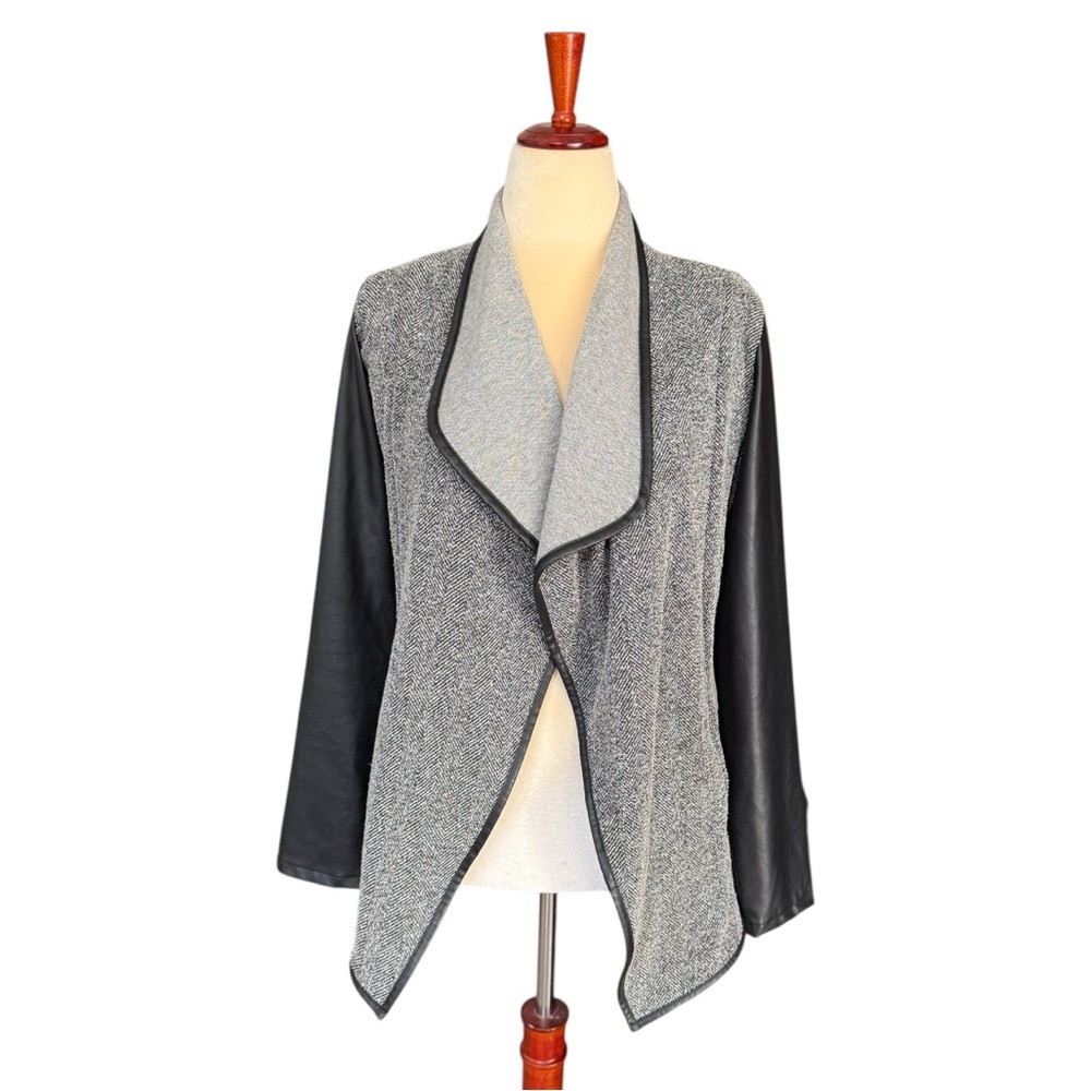 Jack by BB Dakota Gray Black Faux Leather Cape Drape Open Front Jacket Size Med